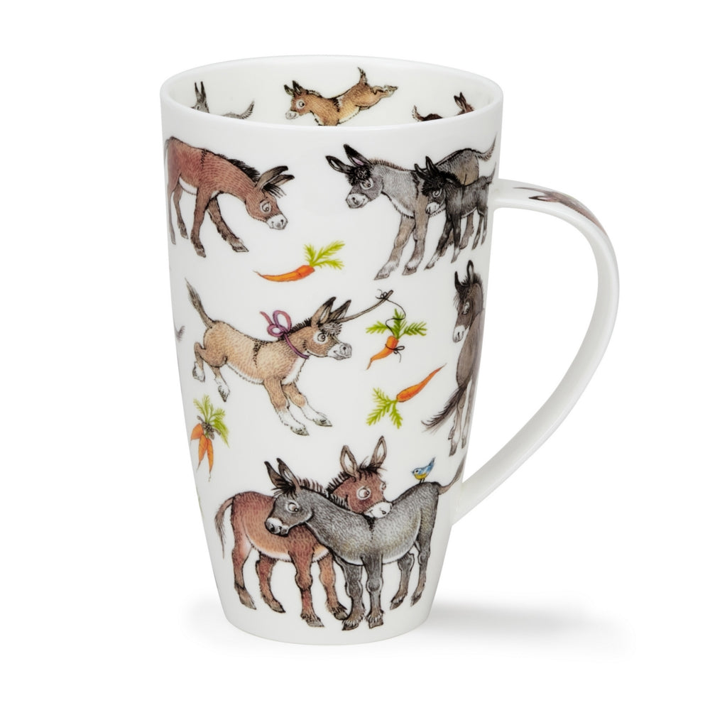 Mug with donkey and carrot pattern on a white background