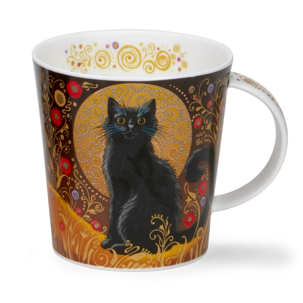 Mug with a black cat design on a decorative background
