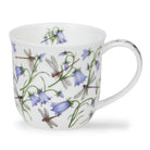 White mug with dragonfly and bluebell floral design on a white background