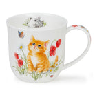 White mug with a cat and flower design on a white background
