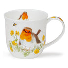 White mug with robin and flower design on a white background