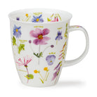 White mug with colorful floral designs and labels on a white background
