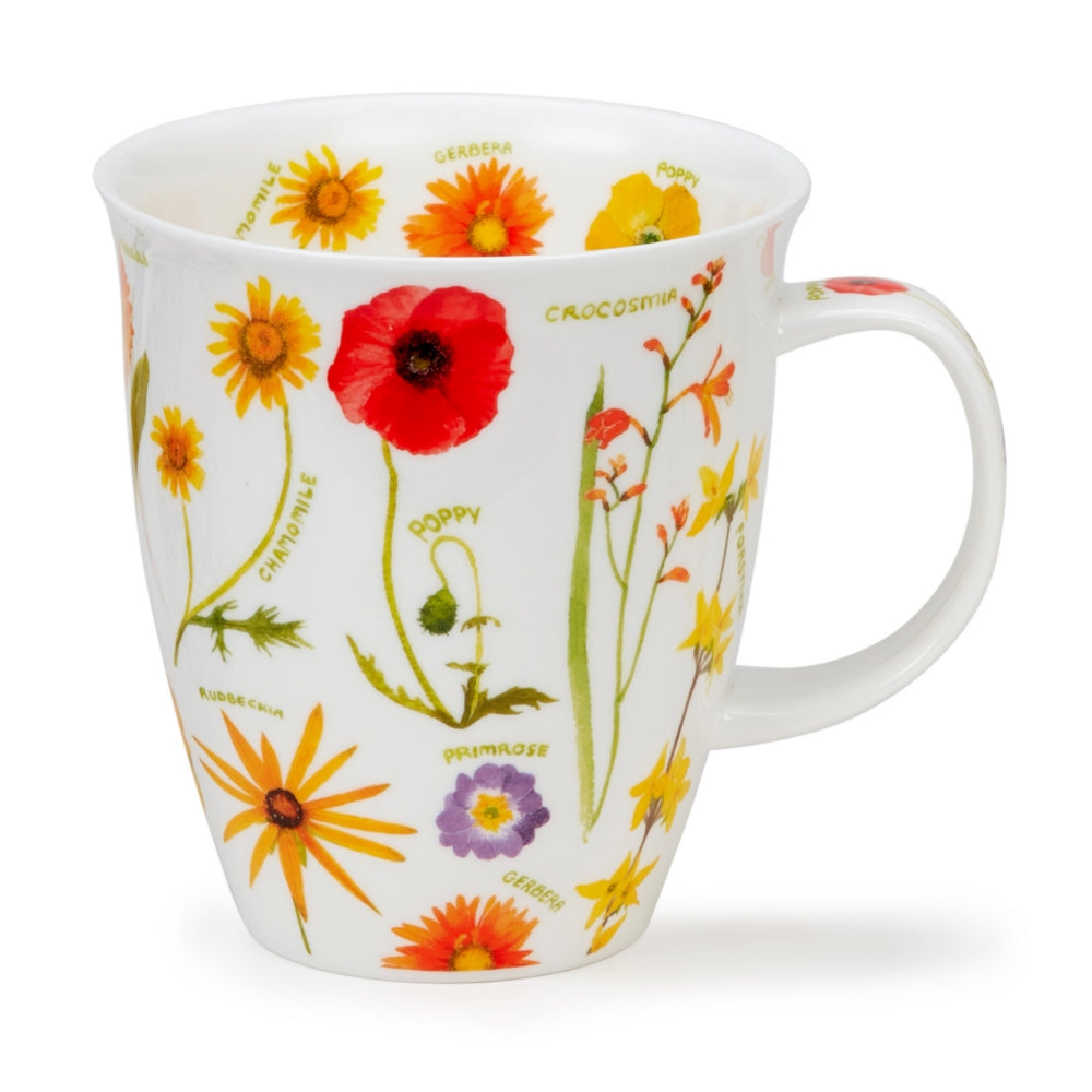White mug with colorful floral illustrations and labels on a white background