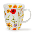 White mug with colorful floral illustrations and labels on a white background