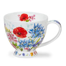 White mug with colorful floral design on a white background