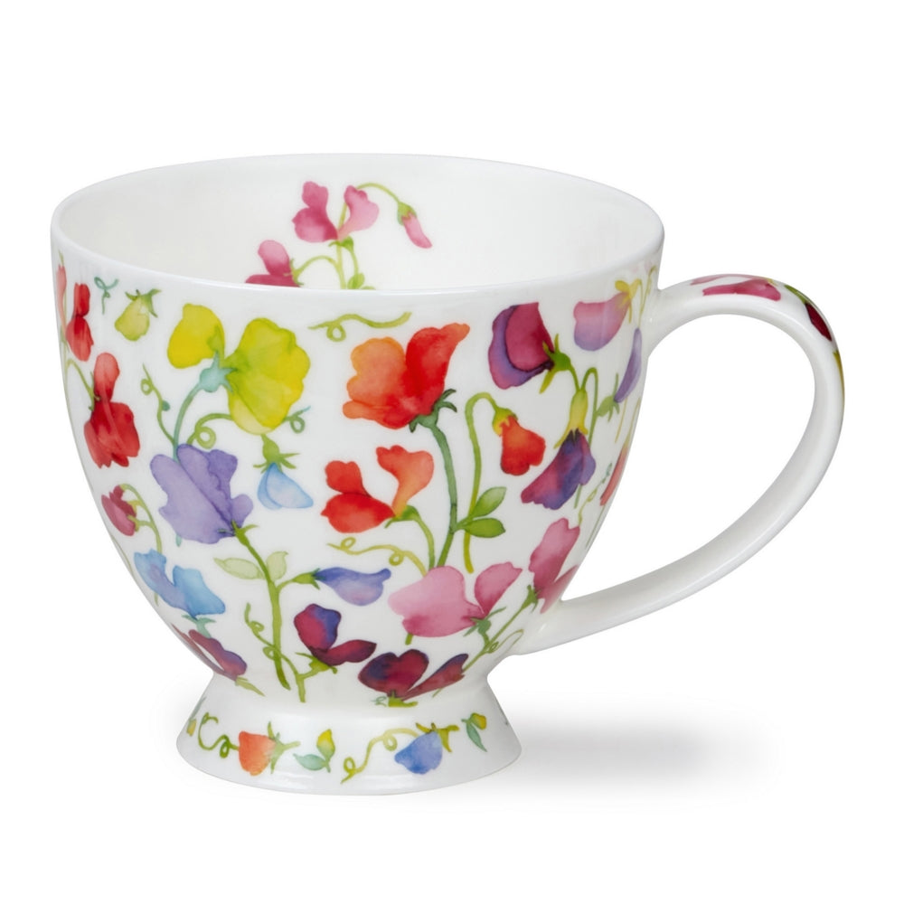 White mug with colorful floral pattern on a white background
