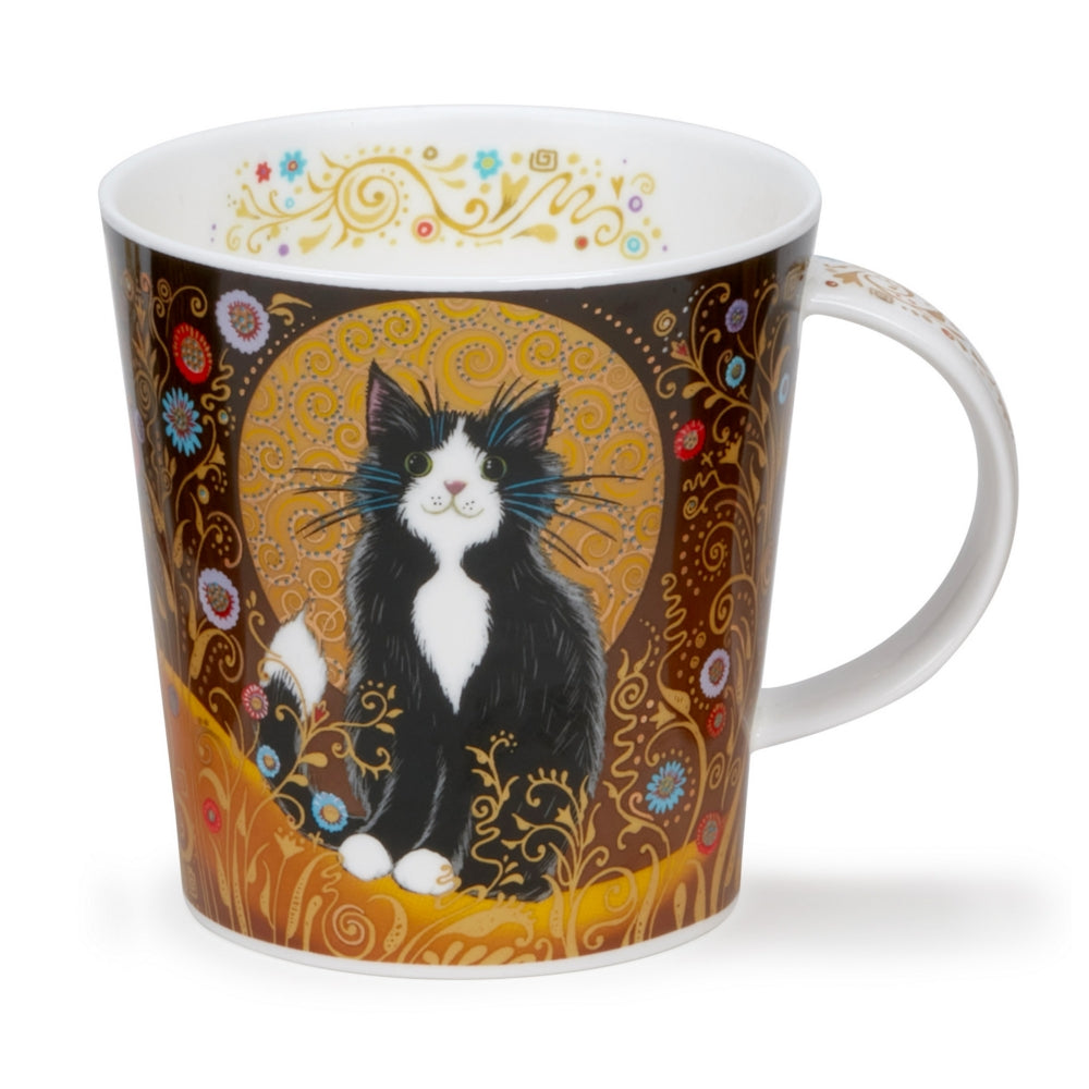 Mug with a black and white cat design on a decorative background