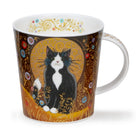 Mug with a black and white cat design on a decorative background