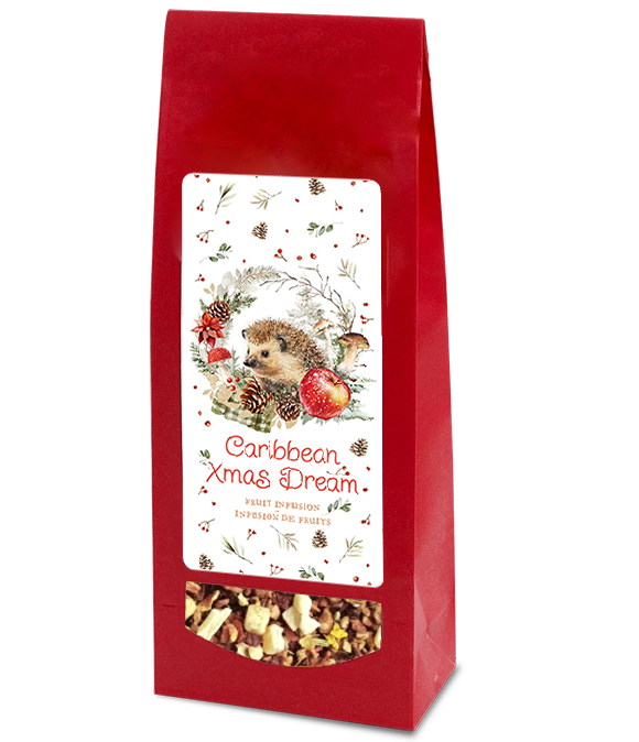 Red bag of 'Caribbean Xmas Dream' herbal tea with a hedgehog design on a white background