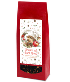 Red tea bag packaging with a hedgehog illustration filled with 'Cream of Earl Grey' tea