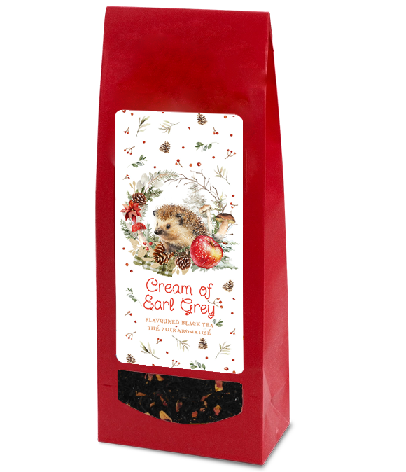 Red tea bag packaging with a hedgehog illustration filled with 'Cream of Earl Grey' tea