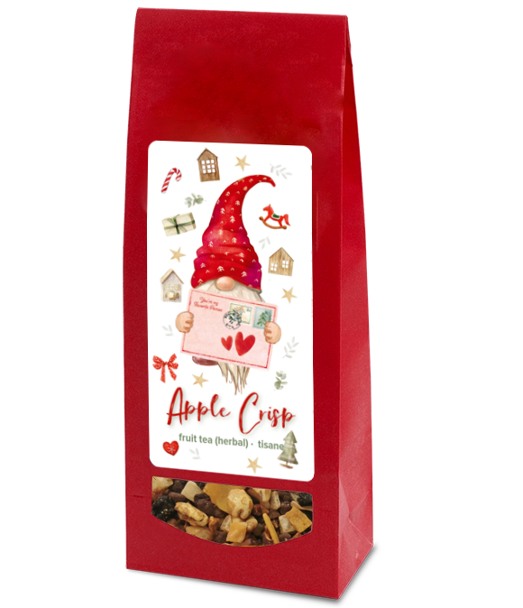 Red bag of 'Apple Crisp' fruit tea with a gnome illustration on a white background