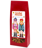 Red bag of candied almonds herbal tea with nutcracker design on a white background