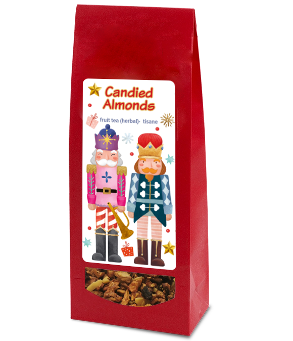 Red bag of candied almonds herbal tea with nutcracker design on a white background