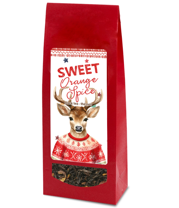 Red tea bag packaging with a cute deer illustration filled with 'Sweet Orange Spice' black tea.