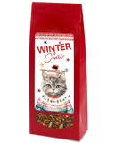 Red bag of 'Winter Chai' Herbal tea with a cat illustration on a white background