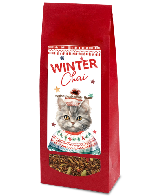 Red bag of 'Winter Chai' Herbal tea with a cat illustration on a white background