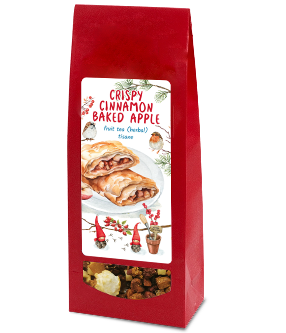 Herbal Crispy Cinnamon Baked Apple Tea in a red festive bag with a cute label.