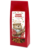 Candied Almonds herbal fruit tea, 100g, in a red bag with a festive beaver label and a clear window showing the blend.