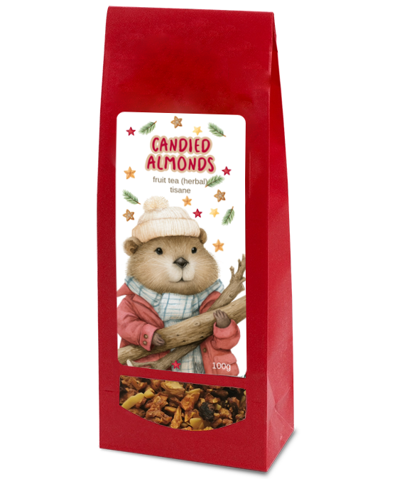 Candied Almonds herbal fruit tea, 100g, in a red bag with a festive beaver label and a clear window showing the blend.