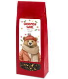 Cinnamon Swirl black tea, 100g, in a red bag with a bear wearing a winter hat and scarf and a window showing the tea blend.
