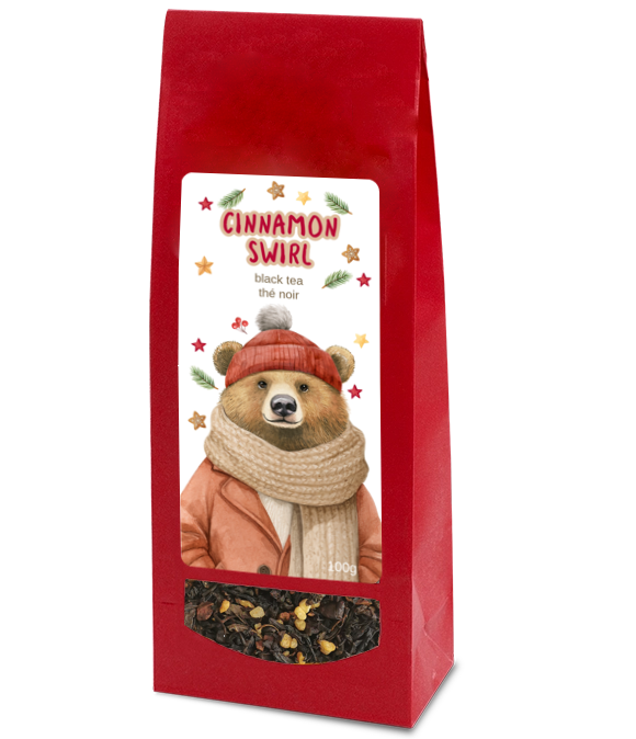 Cinnamon Swirl black tea, 100g, in a red bag with a bear wearing a winter hat and scarf and a window showing the tea blend.