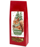 Winter Almond rooibos tea, 100g, in a red bag with a squirrel wearing a green scarf and a clear window showing the tea blend.