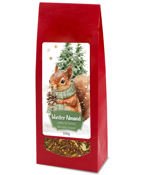 Winter Almond rooibos tea, 100g, in a red bag with a squirrel wearing a green scarf and a clear window showing the tea blend.
