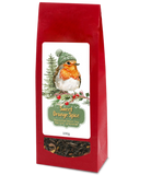 Sweet Orange Spice tea, 100g, in a red bag with a robin wearing a green winter hat and a clear window showing the tea blend.