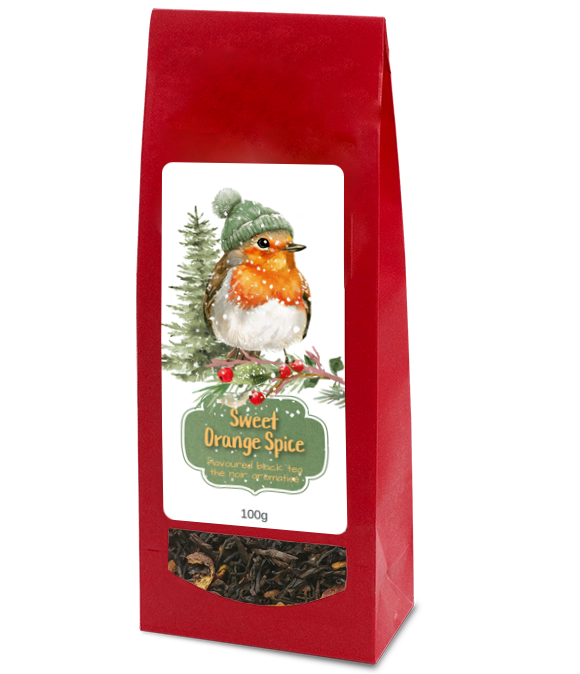 Sweet Orange Spice tea, 100g, in a red bag with a robin wearing a green winter hat and a clear window showing the tea blend.