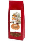 Sweet Cinnamon tea, 100g, in a red bag with a robin wearing a winter hat and scarf and a clear window showing the tea blend.