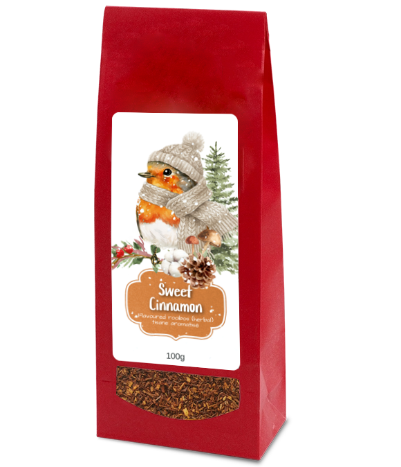 Sweet Cinnamon tea, 100g, in a red bag with a robin wearing a winter hat and scarf and a clear window showing the tea blend.