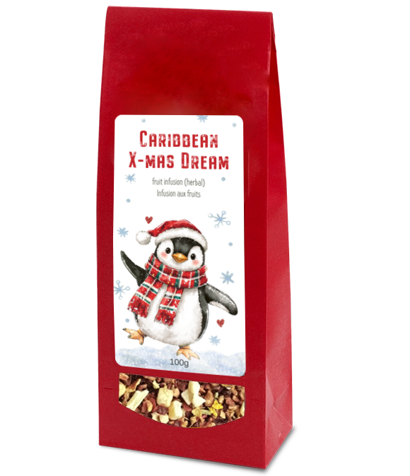 Caribbean Xmas Dream herbal fruit tea, 100g, in a red bag with a festive penguin label and clear window showing the blend. 