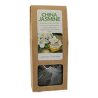 A package of China Jasmine green tea in a brown kraft paper bag with a clear window showing dark tea bags inside. The front label features green text and an image of white jasmine blossoms.