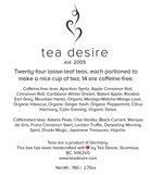 Tea Desire product description with list of teas on a white background