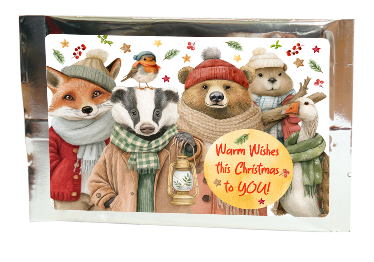 Tea greeting card with animals in winter clothing and the message “Warm Wishes this Christmas to YOU!” in silver packaging.