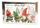 Tea greeting card with four festive gnomes and the message “May your days be Merry & bright” in silver packaging.