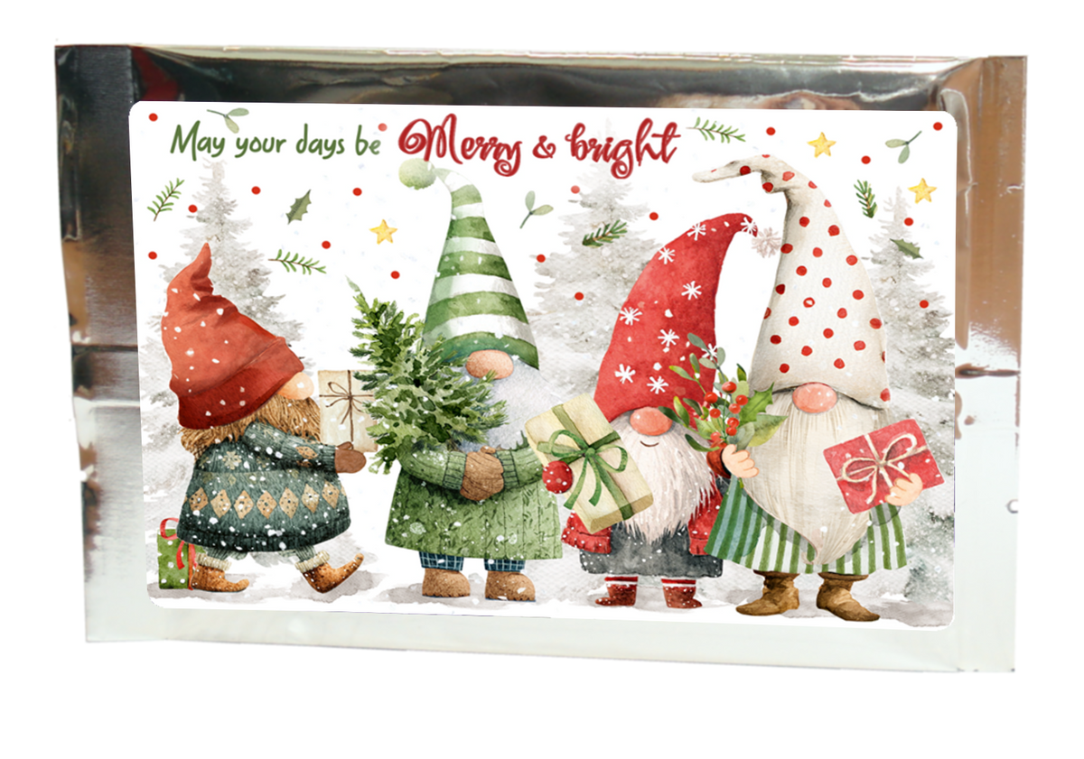 Tea greeting card with four festive gnomes and the message “May your days be Merry & bright” in silver packaging.