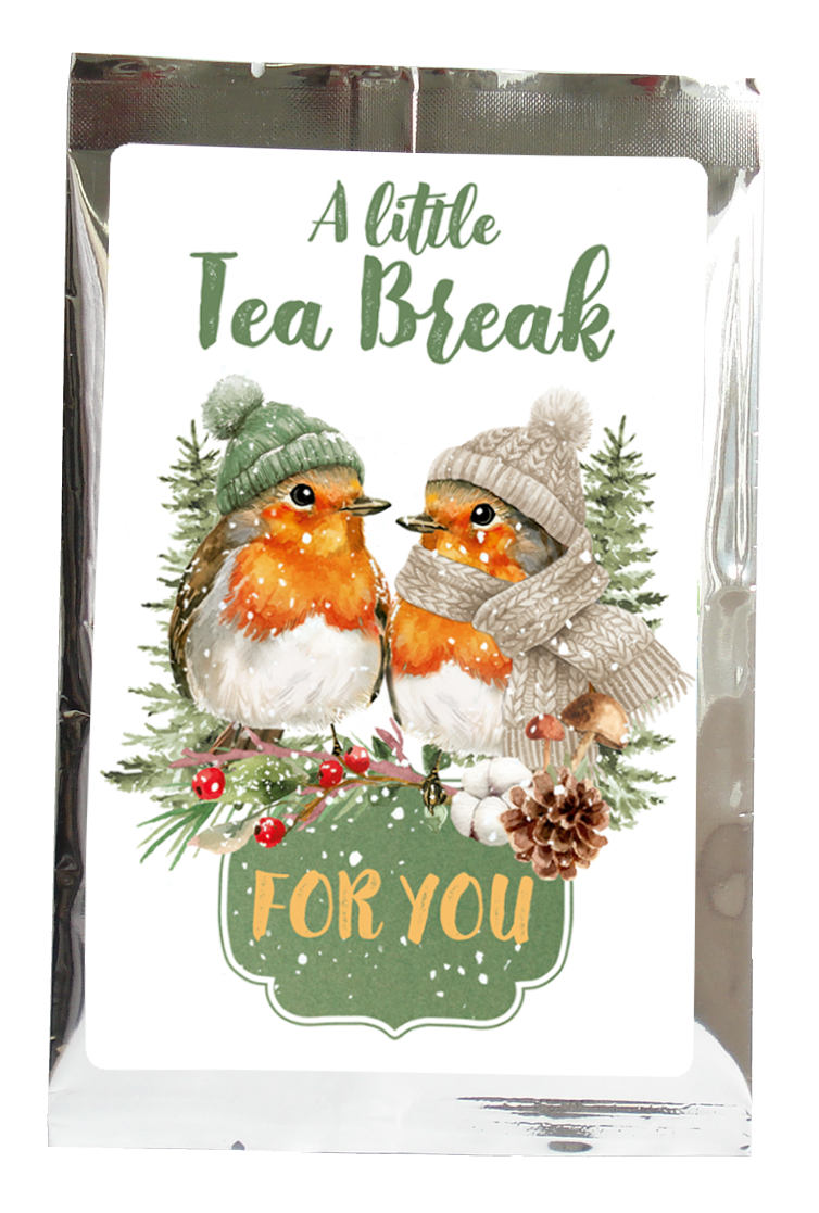 Tea greeting card in silver packaging with two robins in winter hats and the message “A little Tea Break FOR YOU.