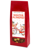 Red package of 'Winter Almond' rooibos tea with a bicycle illustration on a white background