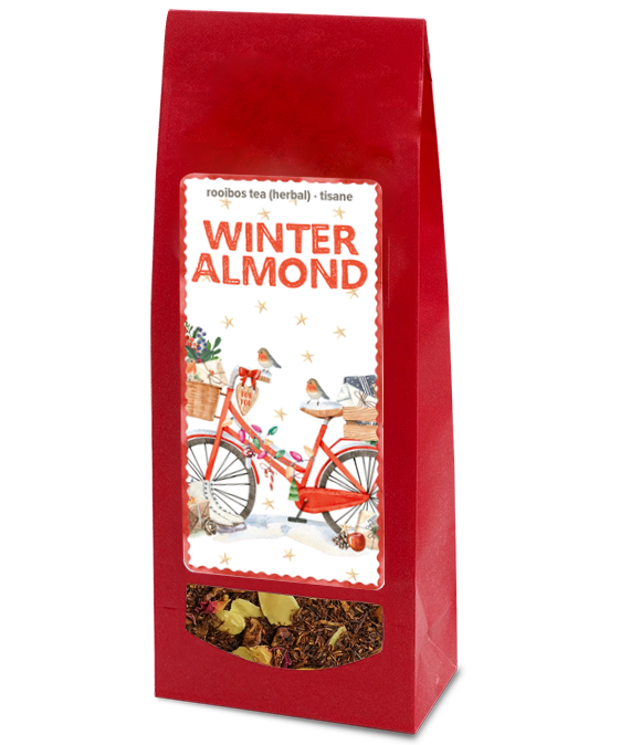 Red package of 'Winter Almond' rooibos tea with a bicycle illustration on a white background