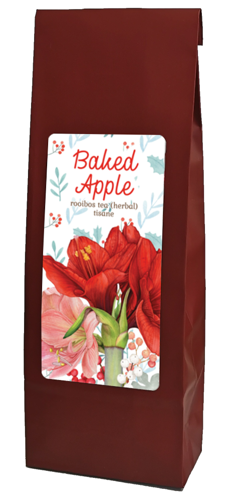 Red bag with a floral label filled with herbal tea 'Baked Apple'.