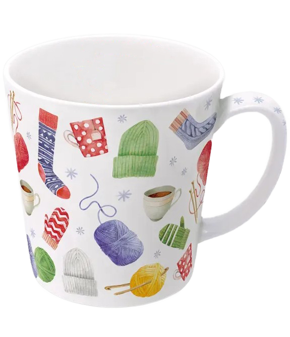 Mug with colourful knitted items and yarn ball pattern on a white background