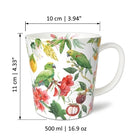 Mug with parrot and floral design, shown with measurements and capacity details.