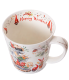 Decorative mug with winter-themed illustrations and 'Happy Winter!' text on a white background