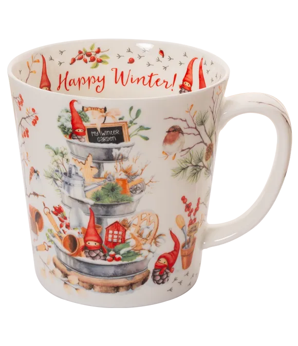 White mug with winter-themed illustrations and 'Happy Winter!' text on a white background