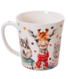 Mug with a design of a giraffe, wolf, and cat wearing a scarf on a white background