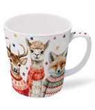 Mug with animal illustrations including a deer, llama, and fox wearing sweaters on a white background.