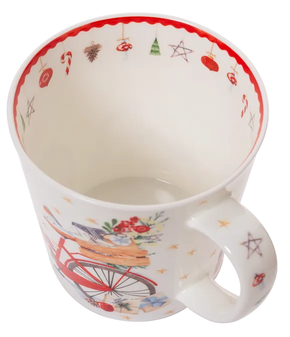 Mug with bicycle and festive design on a white background