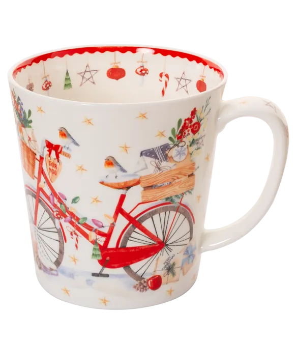Mug with a red bicycle design on a white background